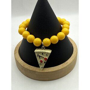 Yellow Beaded Stretch Bracelet With Pizza Charm